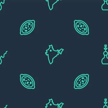 Set line India map, Kheer in bowl and Hookah on seamless pattern. Vector Stock Illustration