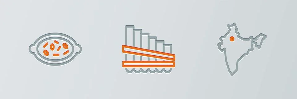 Set line India map, Kheer in bowl and Pan flute icon. Vector Stock Illustration