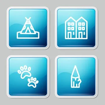 Set line Indian teepee or wigwam, House, Paw print and Wooden log icon. Vector Ilustración de archivo