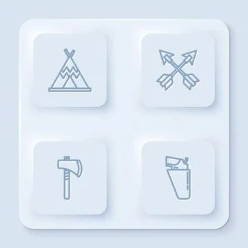 Set line Indian teepee or wigwam, Crossed arrows, Tomahawk axe and Revolver gun 스톡 일러스트