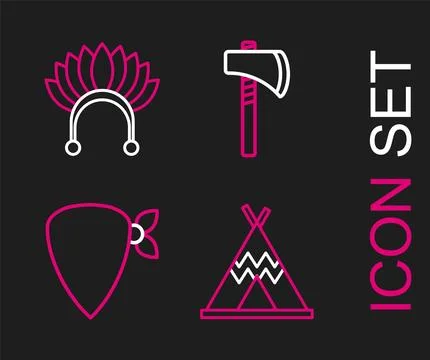 Set line Indian teepee or wigwam, Cowboy bandana, Tomahawk axe and headdress Stock-Illustration