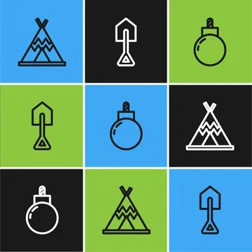 Set line Indian teepee or wigwam, Bomb ready to explode and Shovel icon. Vector Stock Illustration