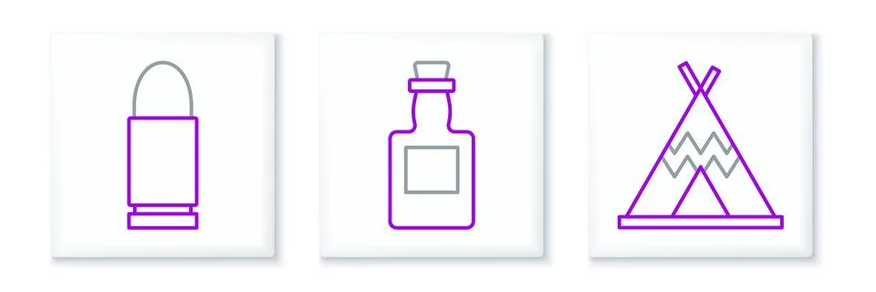 Set line Indian teepee or wigwam, Bullet and Tequila bottle icon. Vector Illustrazione stock