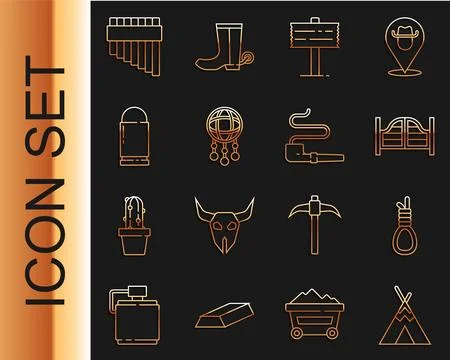 Set line Indian teepee or wigwam, Gallows rope loop hanging, Saloon door, Road Stock Illustration
