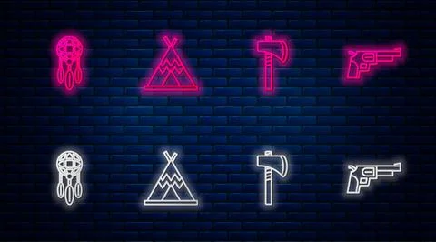 Set line Indian teepee or wigwam, Tomahawk axe, Dream catcher with feathers and Stock Illustration