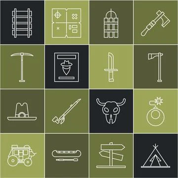 Set line Indian teepee or wigwam, Bomb ready to explode, Tomahawk axe, Deto.. Stock Illustration