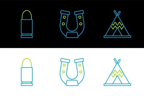 Set line Indian teepee or wigwam, Bullet and Horseshoe icon. Vector Illustrazione stock