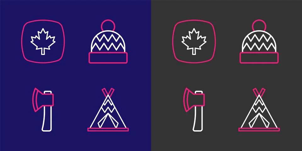 Set line Indian teepee or wigwam, Wooden axe, Beanie hat and Canadian maple.. Stock Illustration