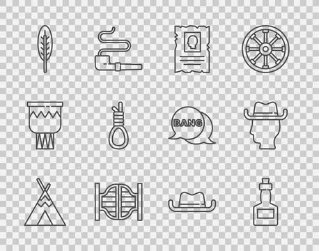 Set line Indian teepee or wigwam, Tabasco sauce, Wanted western poster, Sal.. Stock Illustration