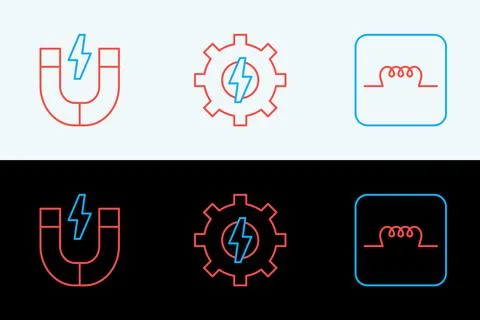 Set line Inductor in electronic circuit, Magnet and Gear and lightning icon.. Stock-Illustration