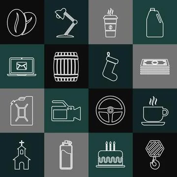 Set line Industrial hook, Coffee cup, Stacks paper money cash, Wooden barrel Stock Illustration