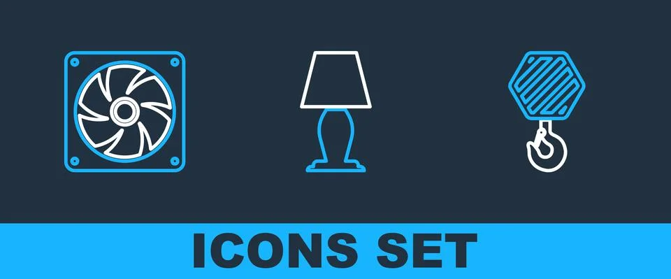 Set line Industrial hook, Computer cooler and Table lamp icon. Vector 스톡 일러스트