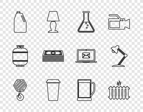 Set line Industrial hook, Heating radiator, Test tube and flask, Coffee cup 스톡 일러스트