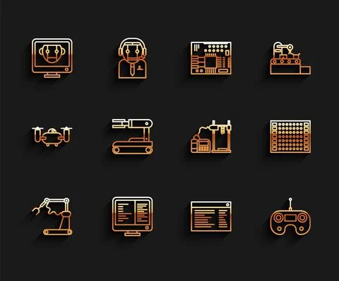 Set line Industrial machine robotic robot arm hand factory, Bot, Software, web Ilustración de archivo