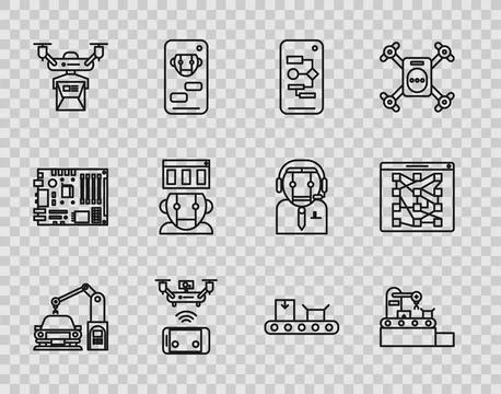 Set line Industrial machine robotic robot arm hand, Algorithm, Remote aerial Stock Illustration