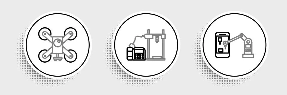 Set line Industrial machine robotic robot arm hand, Drone flying with actio.. Stock Illustration