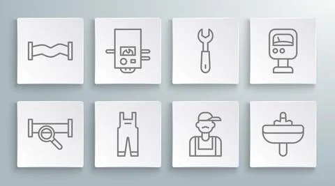 Set line Industry metallic pipe, Gas boiler, Work overalls, Plumber, Washbasin Stock Illustration