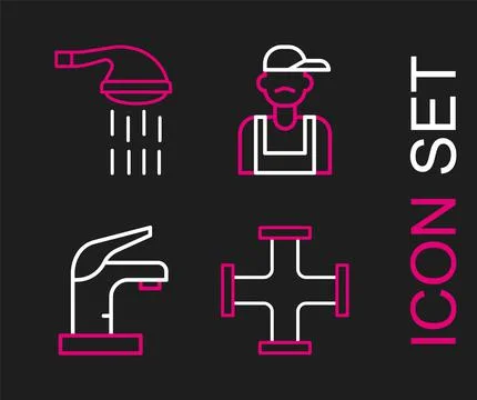 Set line Industry metallic pipe, Water tap, Plumber and Shower icon. Vector Stock Illustration