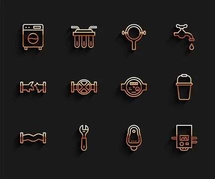 Set line Industry metallic pipe, Wrench spanner, Washer, Toilet urinal or Stock-Illustration