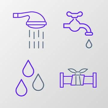 Set line Industry metallic pipe, Water drop, tap and Shower icon. Vector 库存插图