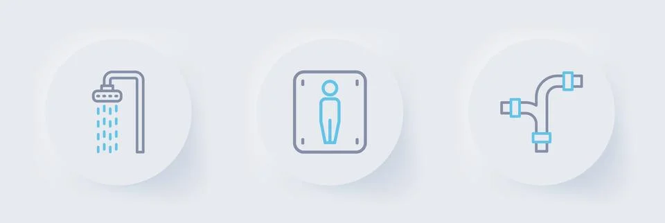 Set line Industry metallic pipe, Male toilet and Shower icon. Vector Stock Illustration