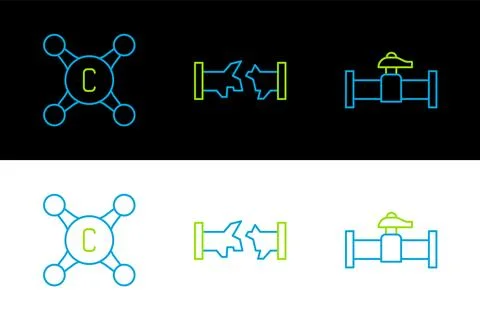 Set line Industry pipe and valve, Water tap and Broken icon. Vector Stock Illustration