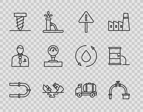 Set line Industry pipe, and valve, Exclamation mark in triangle, Wrecked oi.. Stock Illustration