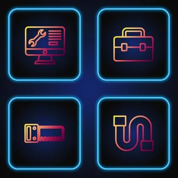 Set line Industry pipe, Hand saw, Computer monitor service and Toolbox. Gradient Illustrazione stock