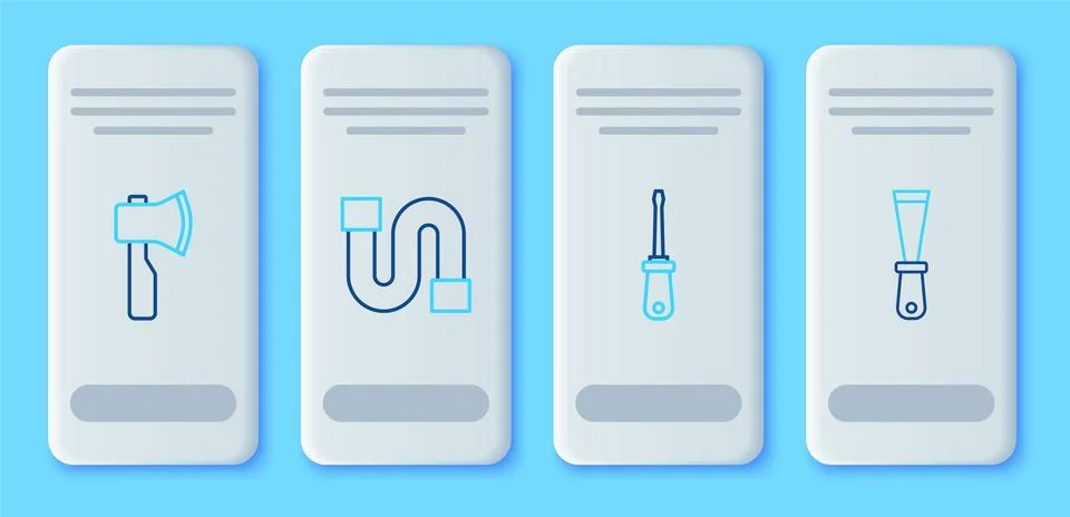 Set line Industry pipe, Screwdriver, Wooden axe and Putty knife icon. Vector Stock-Illustration