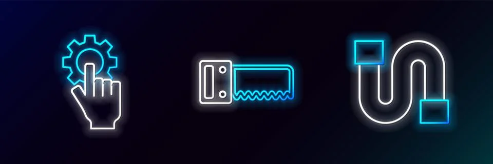 Set line Industry pipe, Settings in the hand and Hand saw icon. Glowing neo.. Stock-Illustration