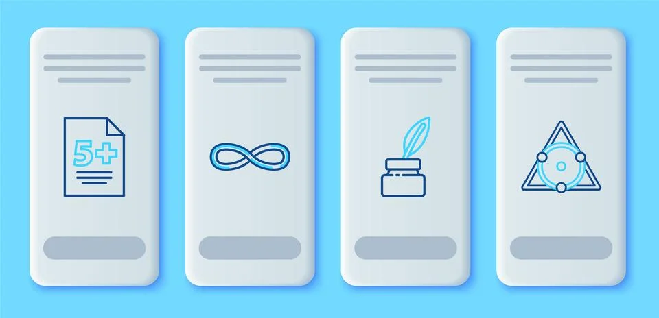 Set line Infinity, Feather and inkwell, Test or exam sheet and Triangle math Illustrazione stock