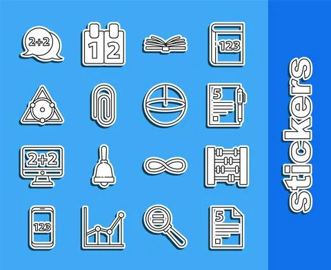 Set line Infinity, Graph, schedule, chart, diagram, Open book, Mobile calculator Stock Illustration
