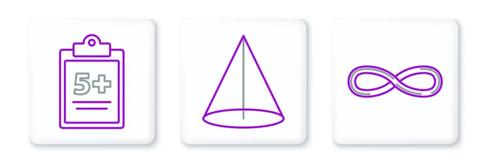 Set line Infinity, Test or exam sheet and Geometric figure Cone icon. Vector Stock Illustration