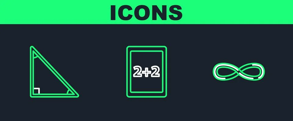 Set line Infinity, Triangle math and Tablet with calculator icon. Vector Illustrazione stock