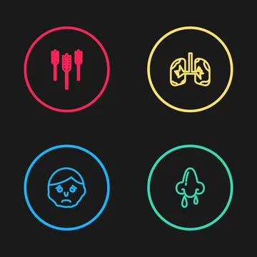 Set line Inflammation on face, Runny nose, Lungs and Wheat icon. Vector 스톡 일러스트