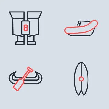 Set line Inflatable boat with motor, Kayak and paddle, Surfboard and Binocu.. Ilustração Stock