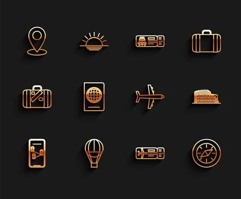 Set line Infographic of city map navigation, Hot air balloon, Map pin, Airline Stockillustratie