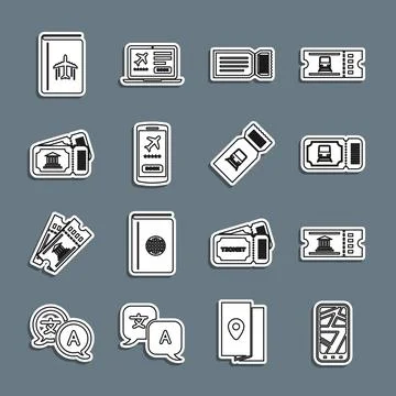 Set line Infographic of city map, Museum ticket, Train, Ticket, Mobile with,  Illustrazione stock