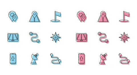 Set line Infographic of city map navigation, Radar, Map pin, Route location.. Stock Illustration
