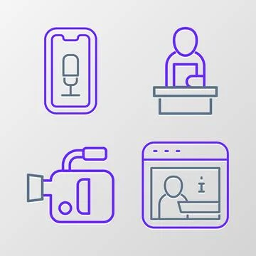 Set line Information, Cinema camera, Breaking news and Mobile recording ico.. Illustrazione stock