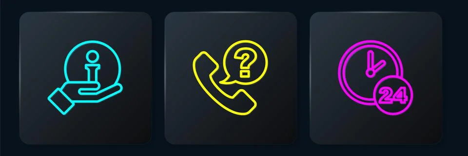 Set line Information, Clock 24 hours and Telephone support. Black square button Stock Illustration