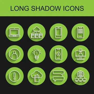 Set line Information, Cloud online library, Laptop, Speech bubble chat, Com.. Stock Illustration