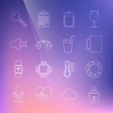 Set line Information desk, Camera shutter, Coffee cup, Battery, Scales justice Stock Illustration