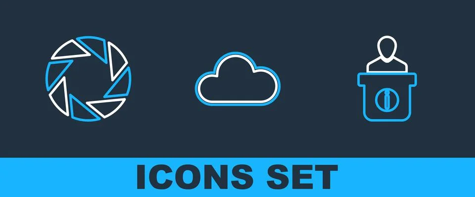 Set line Information desk, Camera shutter and Cloud icon. Vector Stockillustratie