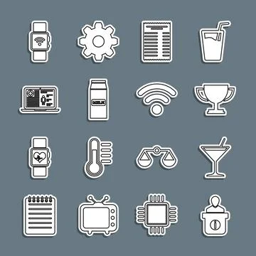 Set line Information desk, Martini glass, Trophy cup, Paper financial check.. Stock Illustration