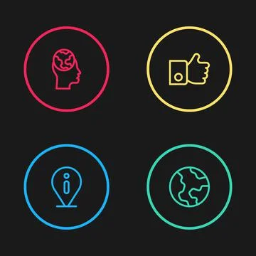 Set line Information, Earth globe, Hand like and Learning foreign languages icon Stock Illustration