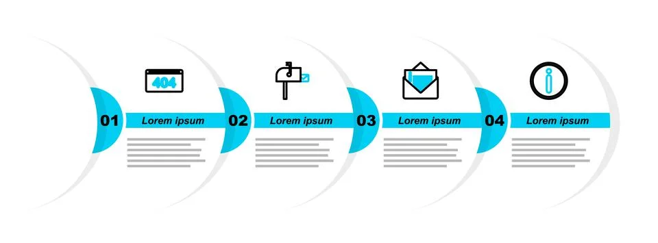 Set line Information, Envelope, Open mail box and Page with 404 error icon Stock Illustration
