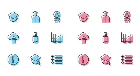Set line Information, Graduation cap globe, Task list, USB flash drive, Pie Illustrazione stock