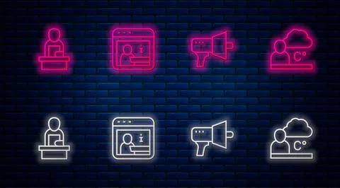 Set line Information, Megaphone, Breaking news and Weather forecast. Glowin.. Stock Illustration