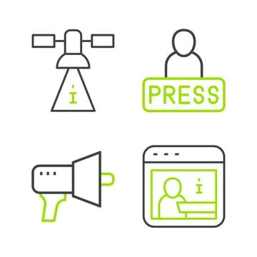 Set line Information, Megaphone, Journalist news and Satellite icon. Vector Stock Illustration